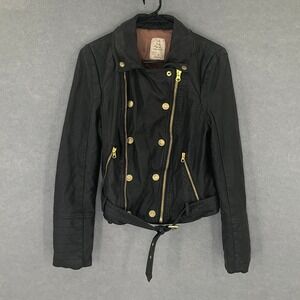 We The Free Vegan Leather Moto Jacket Gold Accents Womens‎ Sz M Biker Rockabilly